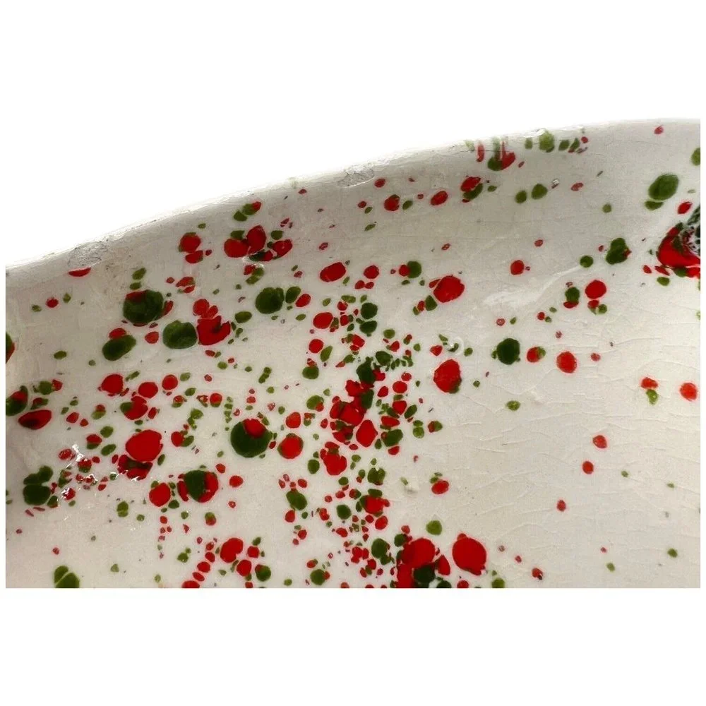 Atlantic Mold Ceramic Christmas Bell Plate Dish Platter Splattered Green Orange